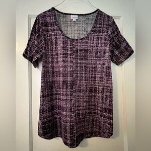 LuLaRoe Morgan. Black and Purple Short Sleeve Top. Stretchy w/ gathered sleeves.